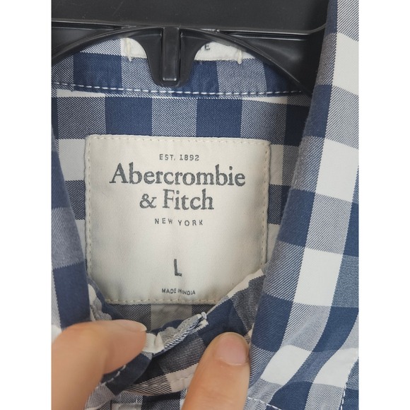 Abercrombie Fitch Mens Short Sleeve Gingham Button Down Shirt Navy White Size L - Picture 3 of 6